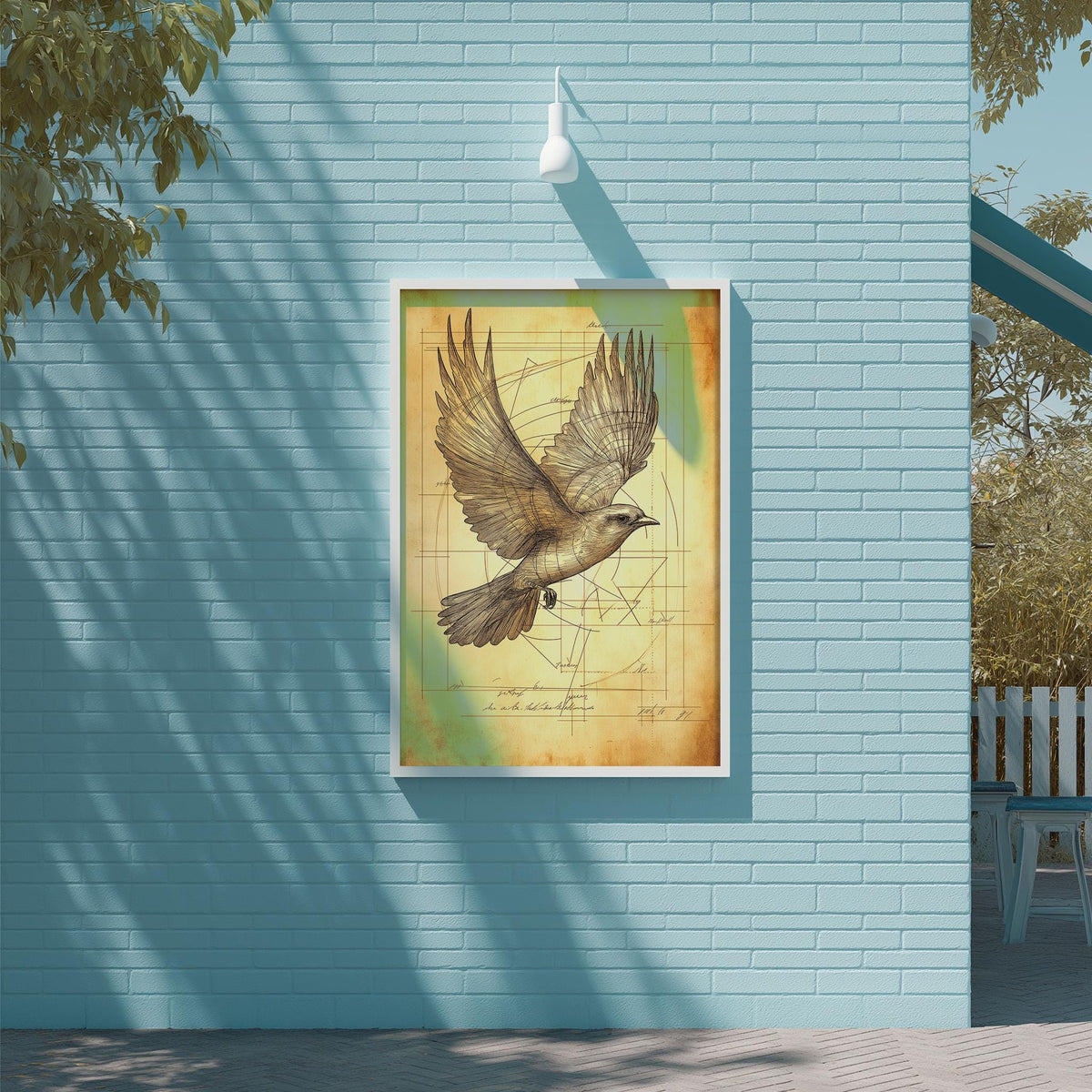 a framed illustration of a bird in flight, mounted on a blue brick wall.