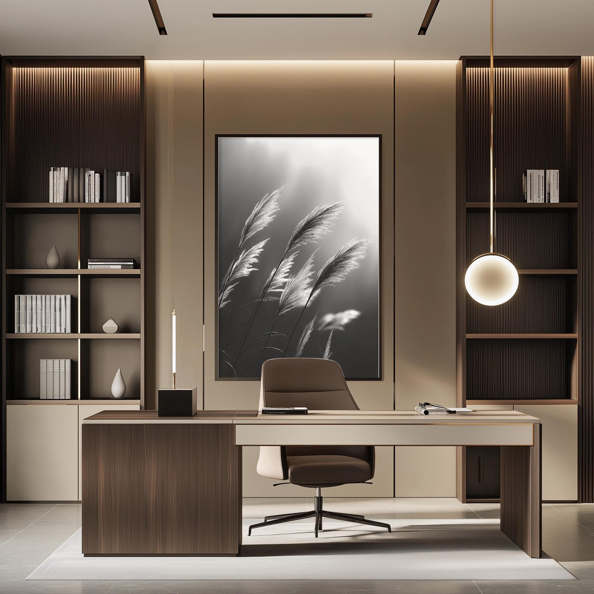 a modern and minimalist office space with a large framed black and white photograph of tall grasses hanging on the wall. The office features a wooden desk, a comfortable-looking chair, and built-in bookshelves. The overall design has a sleek and contemporary aesthetic.