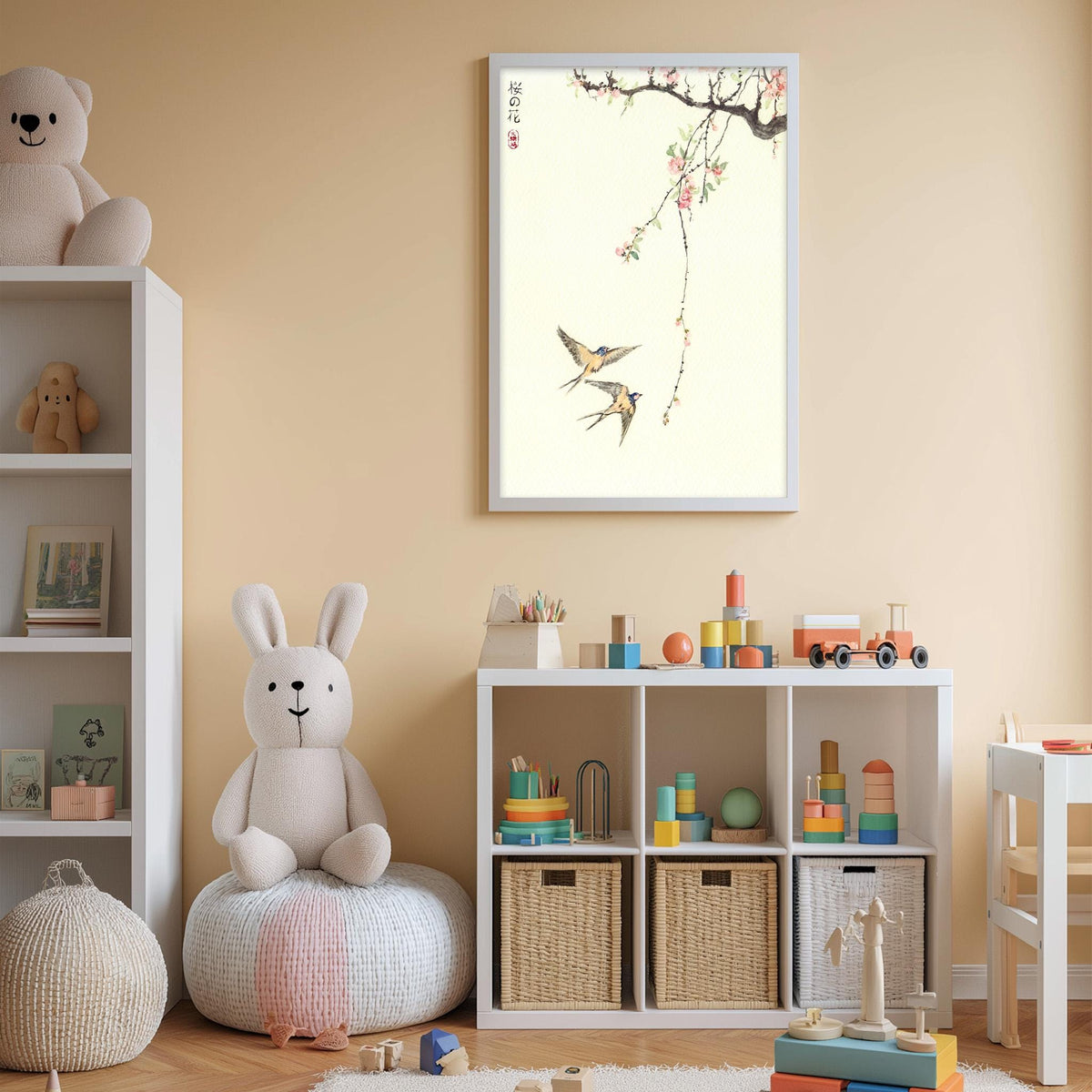 A cozy and colorful children's bedroom with a white bookshelf, a plush rabbit, and a framed artwork of birds on a branch.