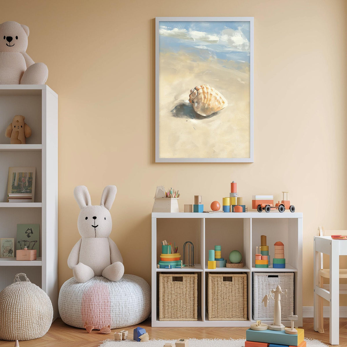 A cozy children's room with a large stuffed bunny, a toy shelf filled with toys, and a framed picture of a shell on the wall.