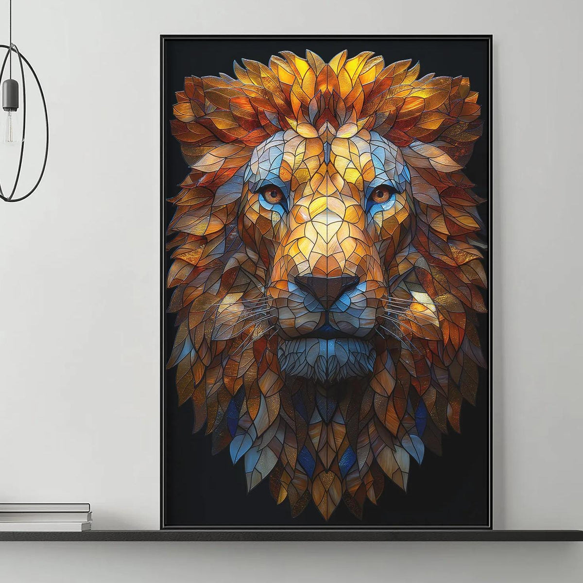 a large, colorful painting of a lion's head hanging on a wall above a gray couch in a living room setting.