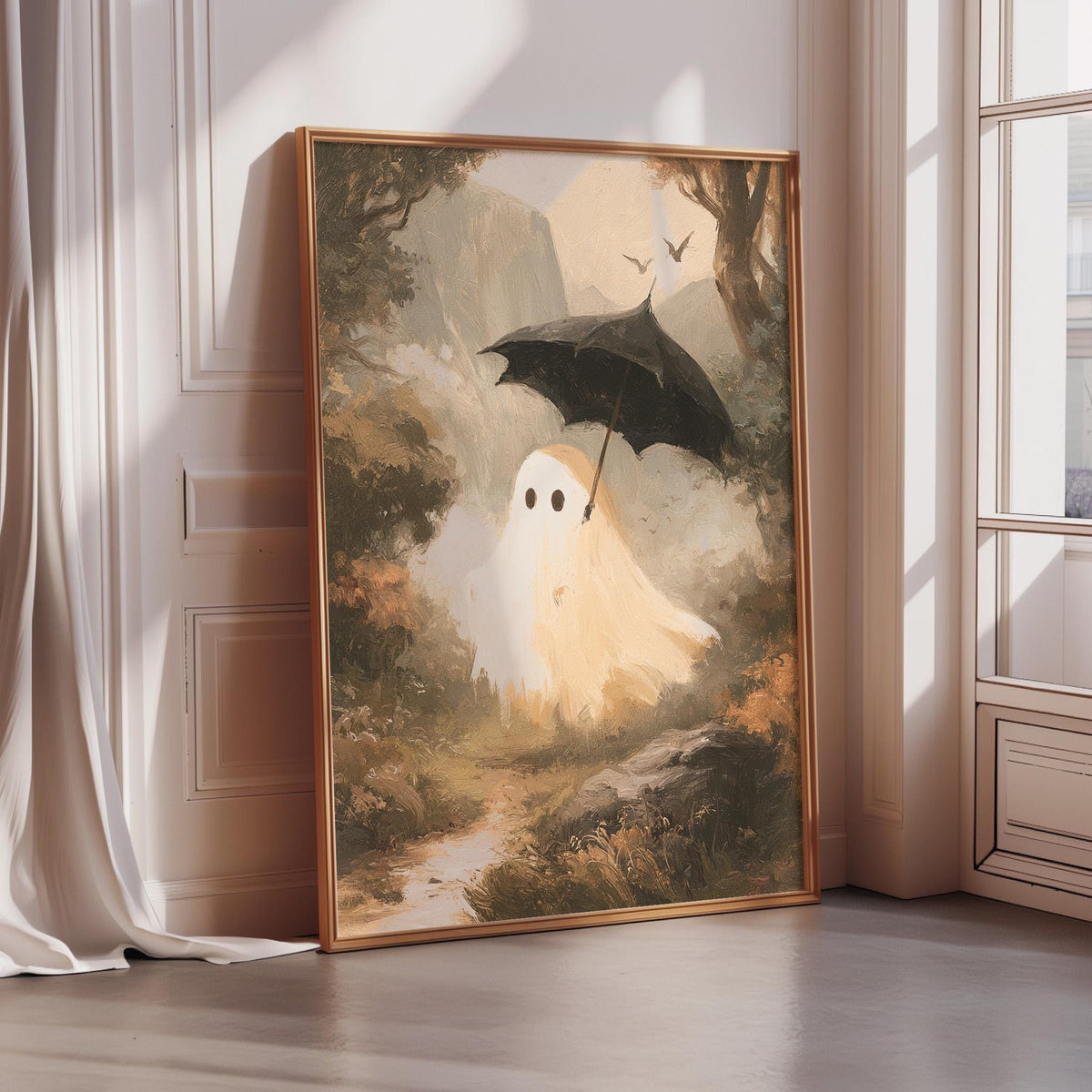 a painting of a ghost holding an umbrella, set against a forest landscape.