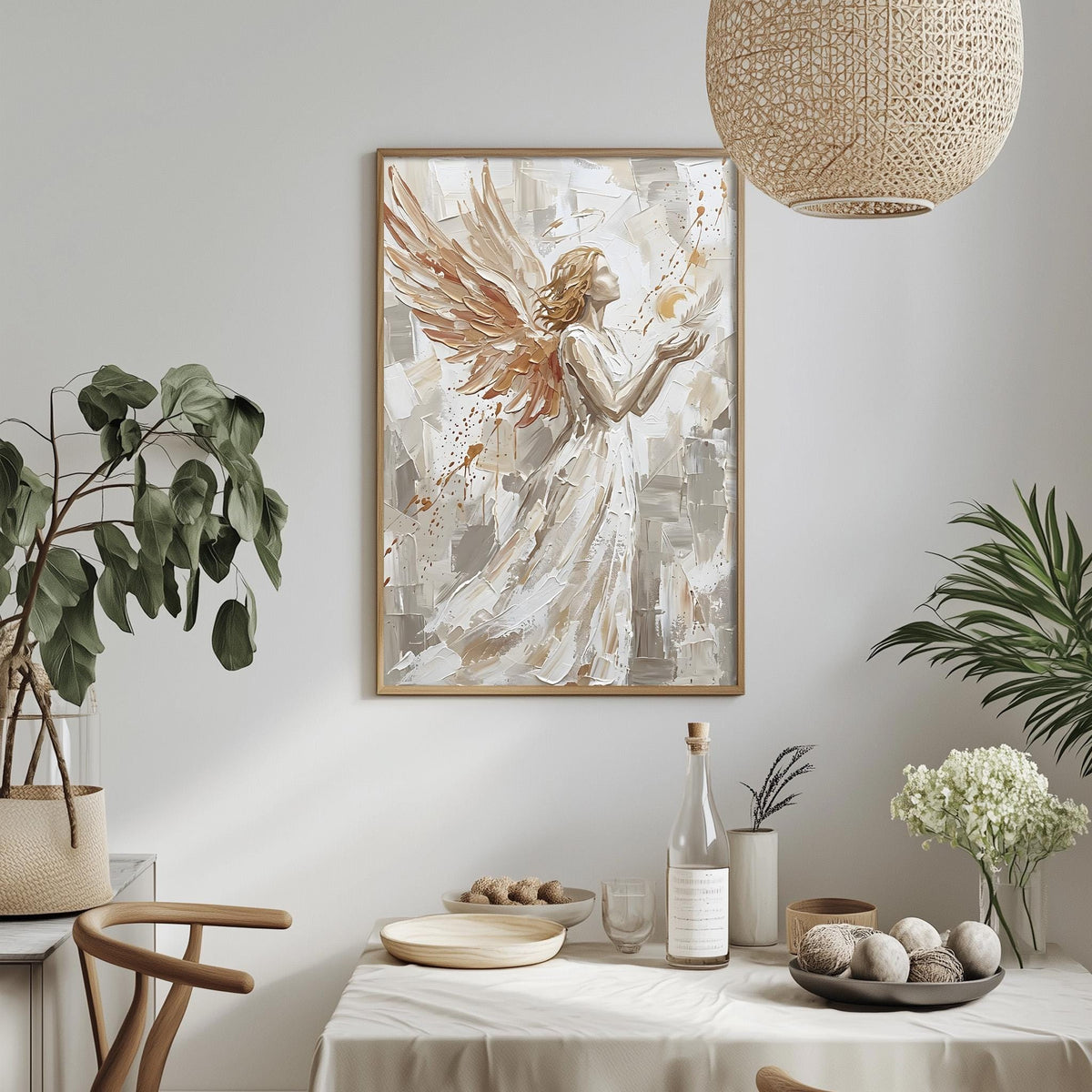 a dining table with a white tablecloth, a bowl of fruit, a bottle, and a vase with flowers. Above the table, there is a framed painting of an angel with outstretched wings.