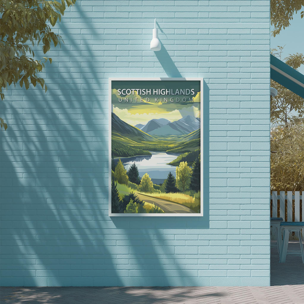 A framed poster of a scenic landscape with mountains, trees, and a lake is displayed on a light blue wall.