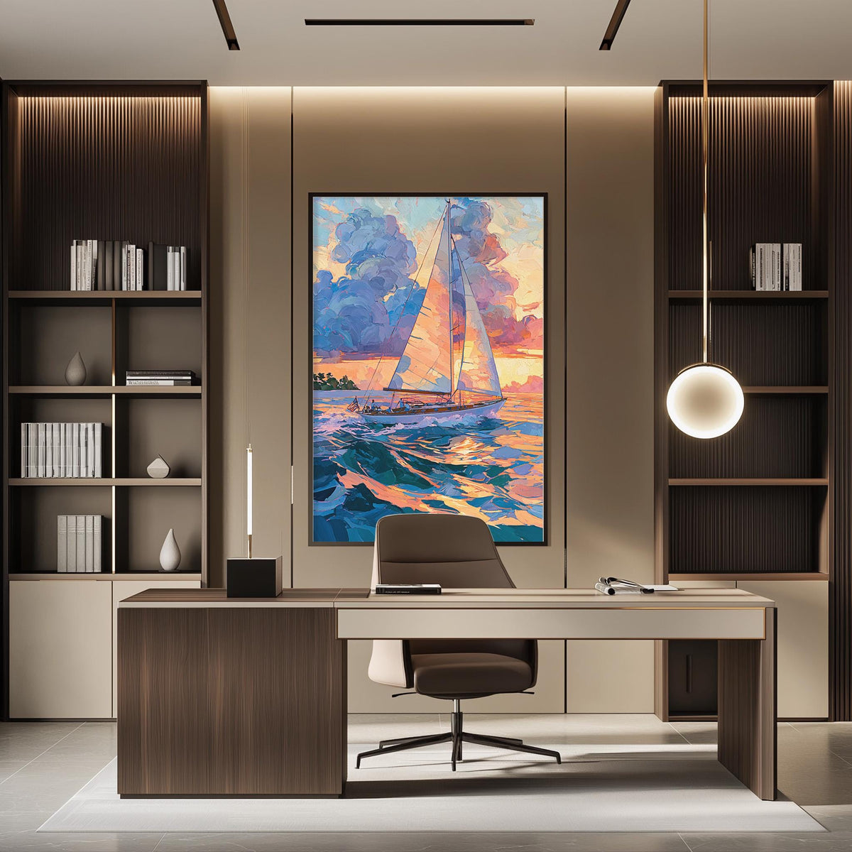 a modern office space with a large painting of a sailboat on the wall, a wooden desk with a chair, and built-in bookshelves.
