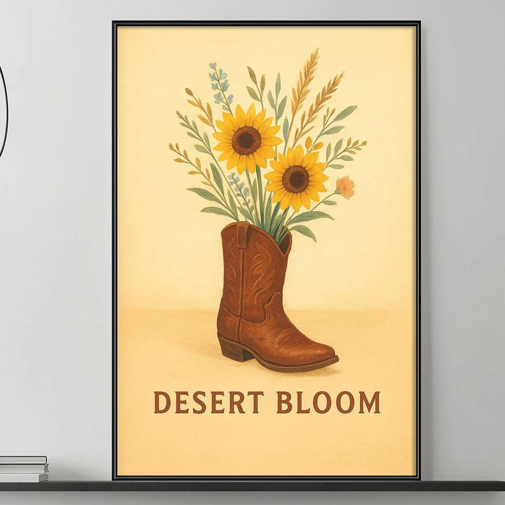 a cozy living room with a gray couch, a coffee table, and a framed poster of a cowboy boot holding a bouquet of flowers. The poster has the text "Desert Bloom" written on it.