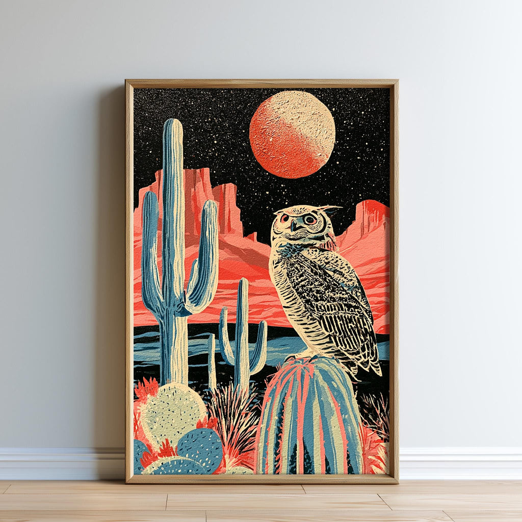 The image is a framed illustration depicting a desert landscape with a large cactus, a red moon, and an owl perched on a rock.