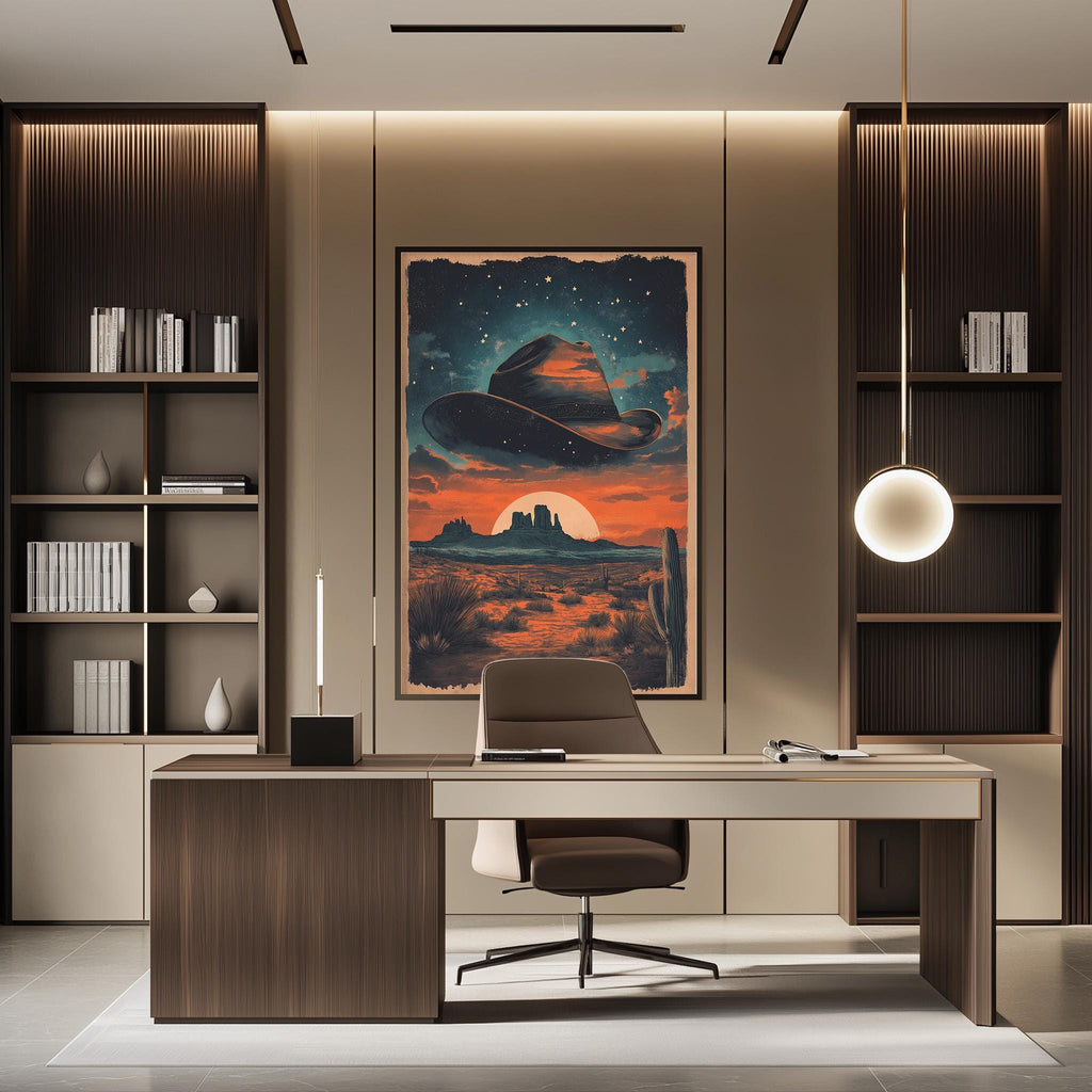 a modern office space with a large framed poster of a desert landscape hanging on the wall, featuring a cowboy hat and a sunset. The office has a wooden desk and chair, and there are bookshelves on either side of the desk.