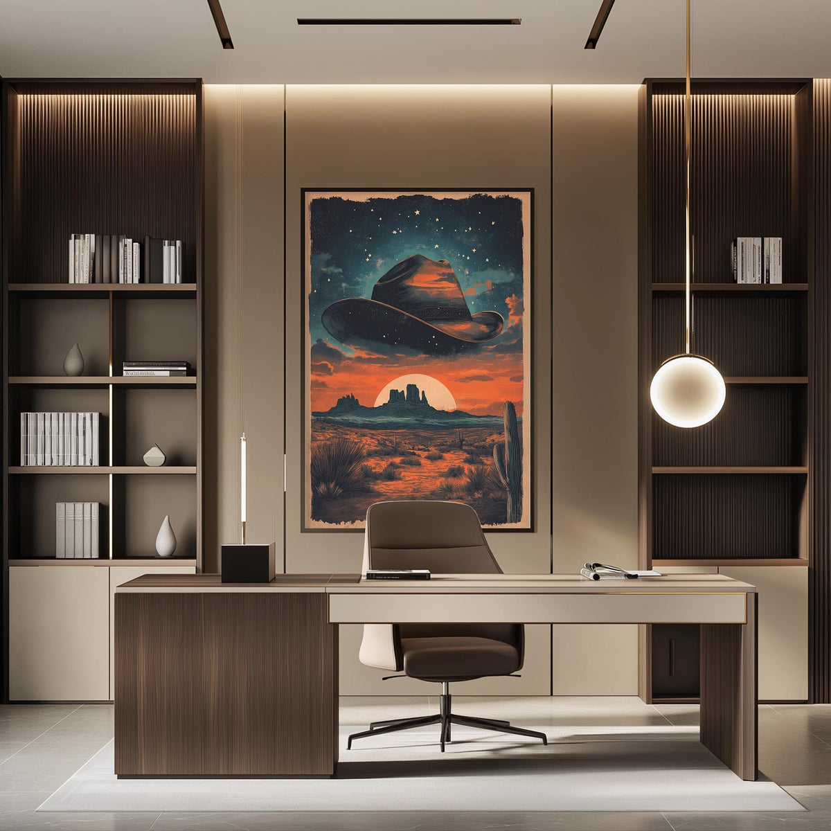 a modern office space with a large framed poster of a desert landscape hanging on the wall, featuring a cowboy hat and a sunset. The office has a wooden desk and chair, and there are bookshelves on either side of the desk.