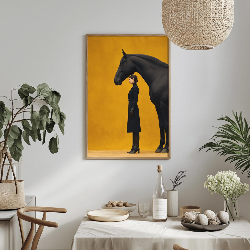 a woman standing next to a black horse, with a yellow background and a framed picture of the woman and horse on the wall.