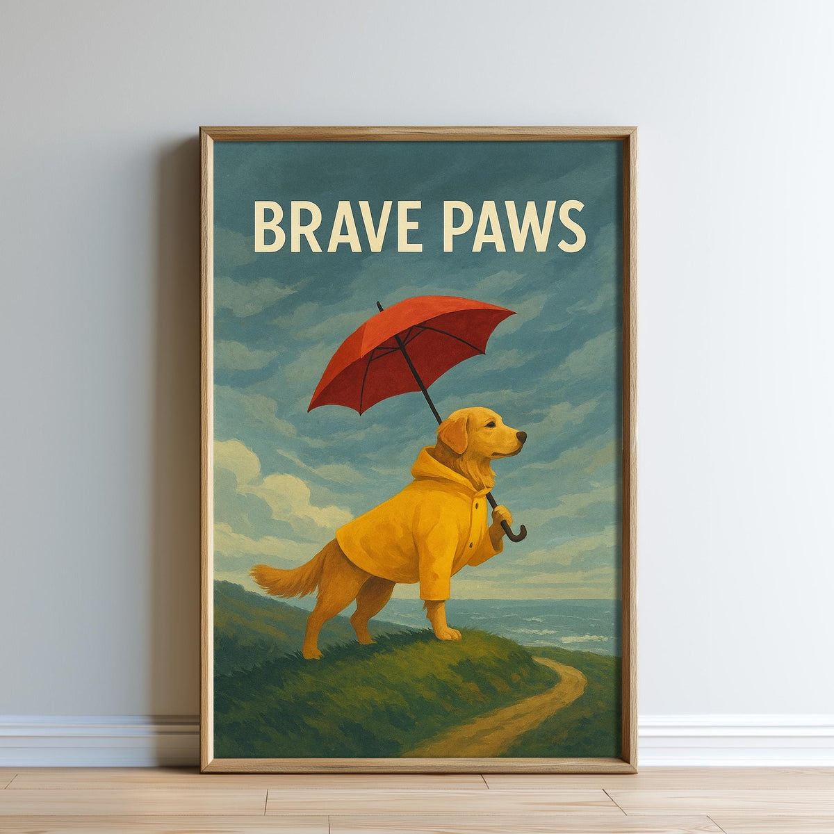 A framed painting depicting a yellow Labrador retriever standing on a grassy hill, holding a red umbrella and wearing a yellow raincoat, with the text "BRAVE PAWS" written above the image.