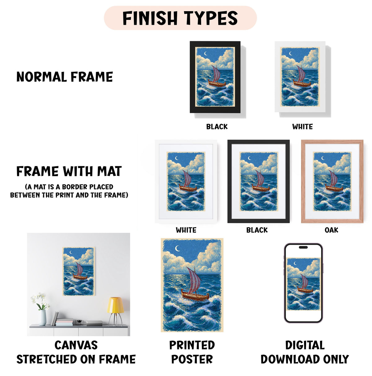 various types of artwork, including a painting of a sailboat on the ocean, framed artworks, and digital art.