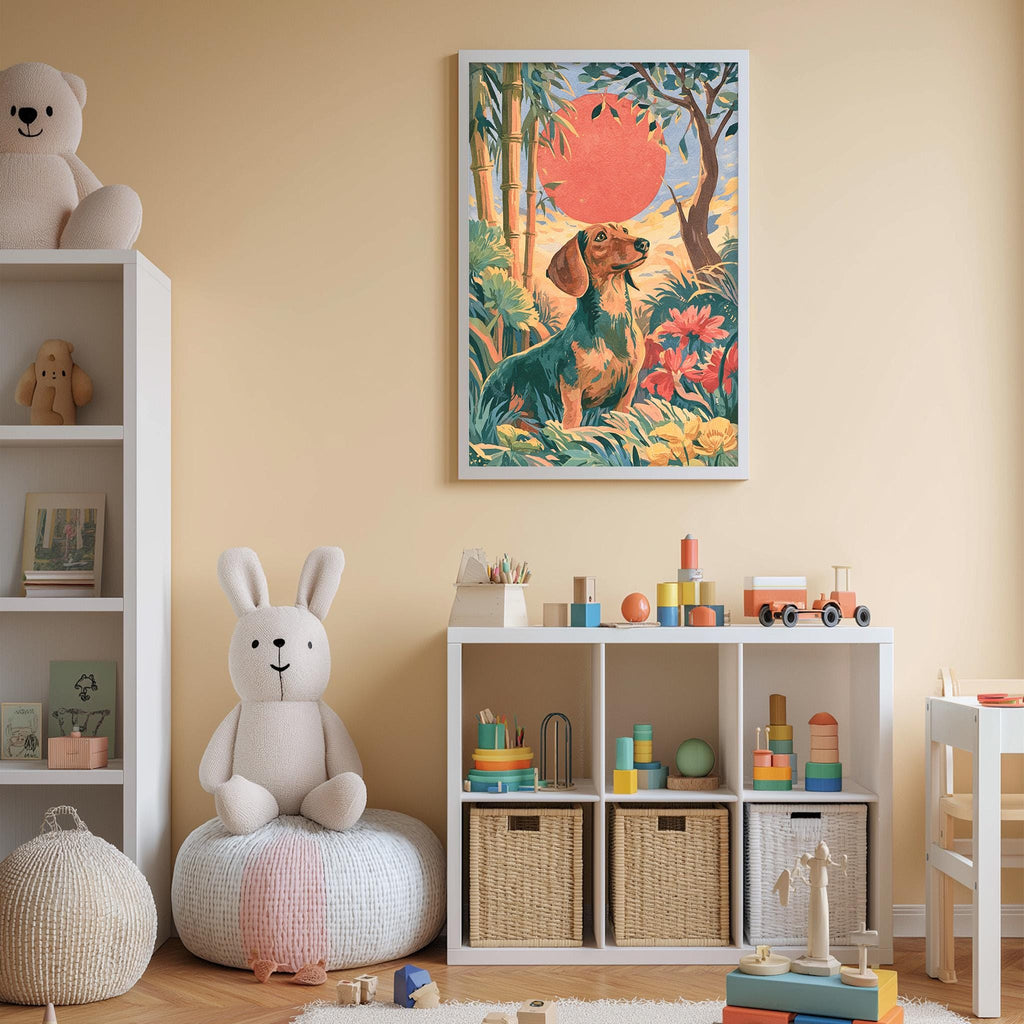 A child's bedroom with a large stuffed rabbit, a bookshelf, and a colorful painting of a dog in a jungle setting.