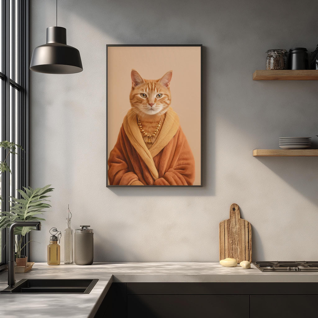a framed painting of a cat wearing a robe, hanging on a wall above a kitchen counter.