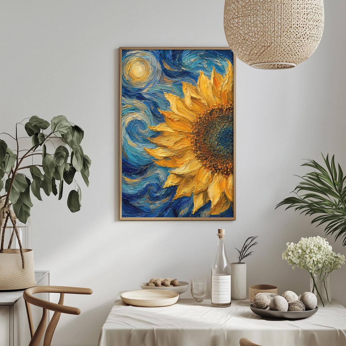 a dining table with a white tablecloth, a vase of white flowers, a bottle of wine, and a bowl of fruit. Above the table, there is a framed painting of a sunflower with a swirling blue and yellow background.