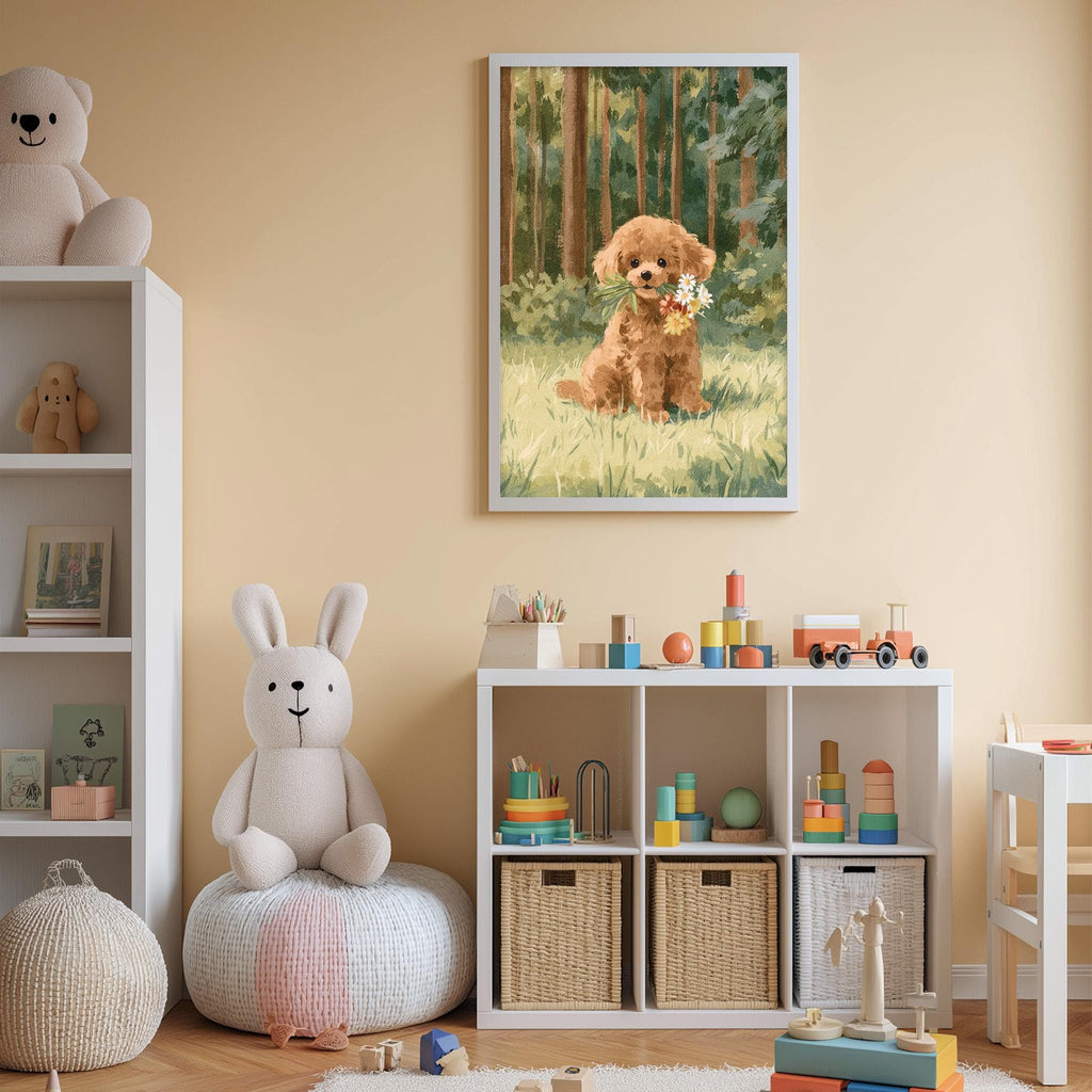 A cozy children's room with a white bookshelf, a stuffed rabbit, and a toy train. A framed painting of a dog in a forest setting hangs on the wall above the bookshelf.