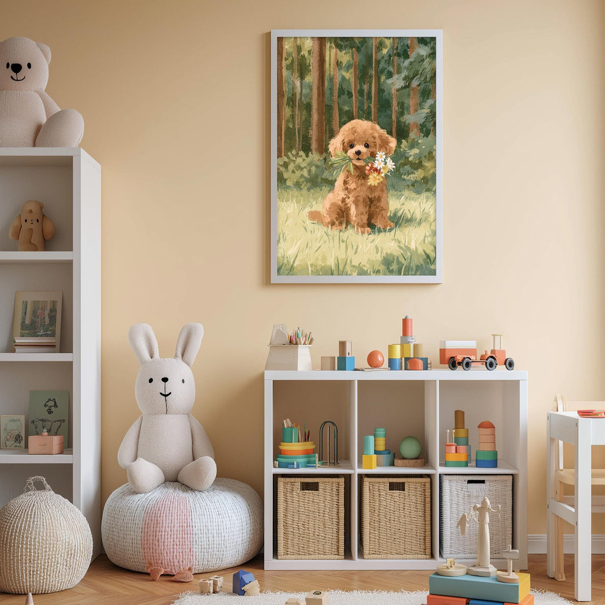 A cozy children's room with a white bookshelf, a stuffed rabbit, and a toy train. A framed painting of a dog in a forest setting hangs on the wall above the bookshelf.