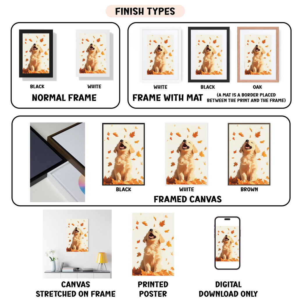 The image is a collection of different finish types for a framed canvas print, including a black and white normal frame, a white frame with a mat, a black frame, a white framed canvas, a black framed canvas, a white stretched on frame, a printed poster, and a digital download only.