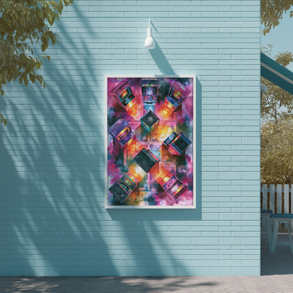 a vibrant, abstract painting hanging on a light blue brick wall.