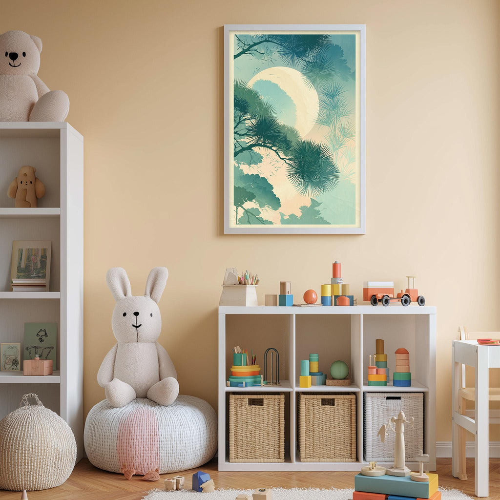A cozy and colorful children's bedroom with a large stuffed rabbit, a bookshelf, and a toy storage unit filled with toys and books.