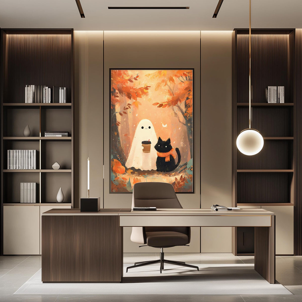 a modern office space with a large framed artwork depicting a ghost and a cat on the wall. The office has a wooden desk, a chair, and a bookshelf filled with books. The overall design and decor create a cozy and creative atmosphere.