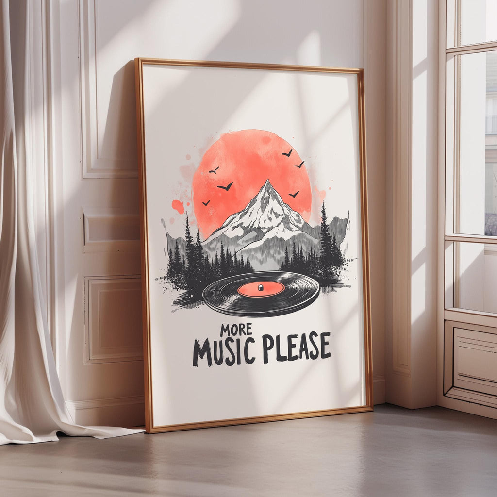 a framed poster with a mountain landscape and a record player with a vinyl record, along with the text "MORE MUSIC PLEASE".