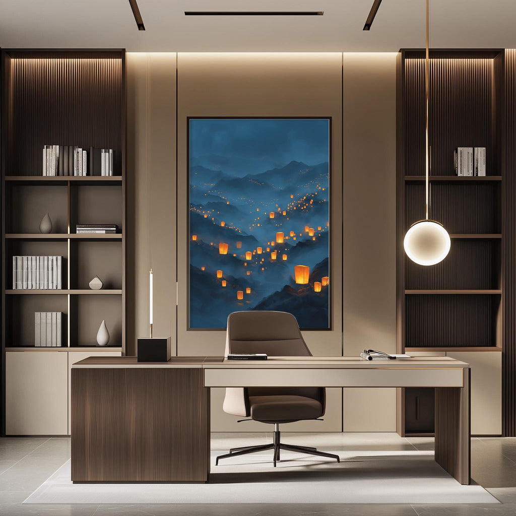 a modern and well-lit office space with a large framed artwork of a mountainous landscape with orange lanterns hanging from the trees. The office features a wooden desk, a comfortable-looking chair, and a bookshelf filled with books. The overall design and decor create a serene and inviting atmosphere.