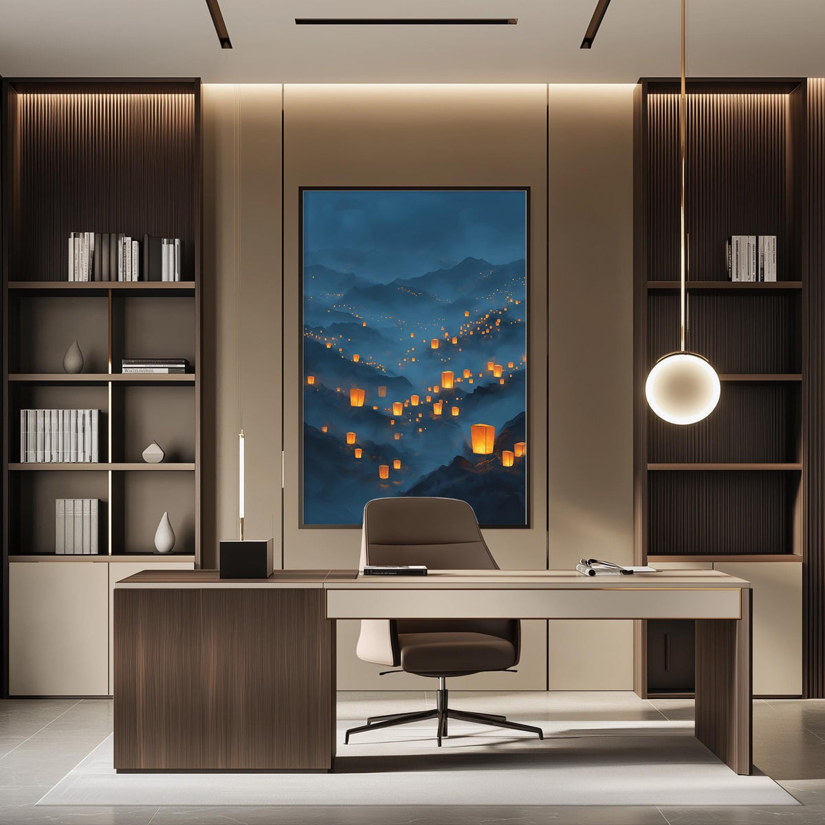 a modern and well-lit office space with a large framed artwork of a mountainous landscape with orange lanterns hanging from the trees. The office features a wooden desk, a comfortable-looking chair, and a bookshelf filled with books. The overall design and decor create a serene and inviting atmosphere.
