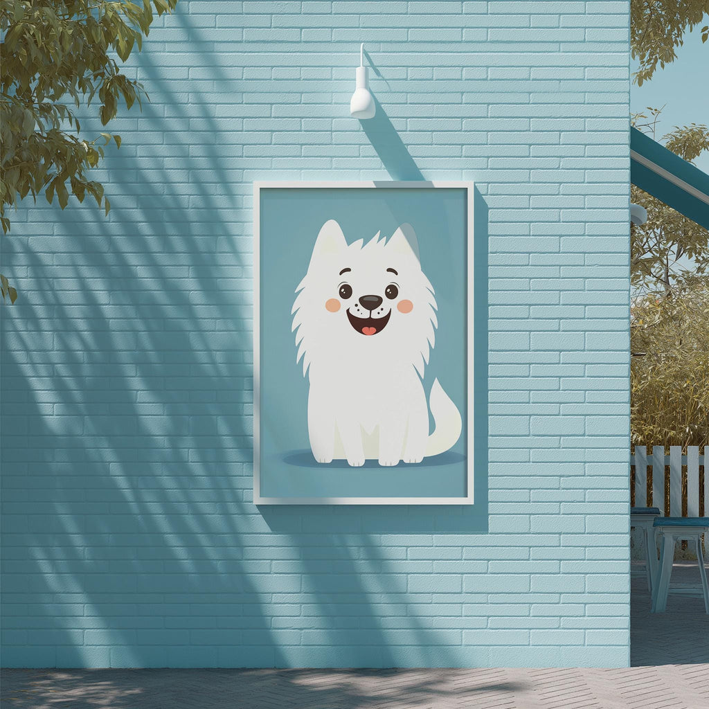 A framed illustration of a smiling white dog is displayed on a blue wall, with a light fixture above it.