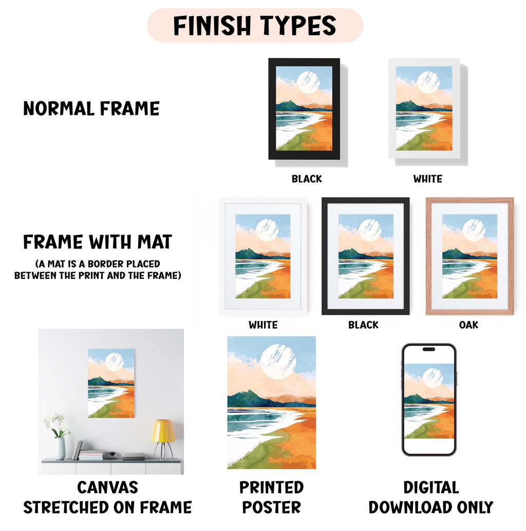 various finish types for artwork, including a normal frame, a frame with a mat, a white frame, a black frame, an oak frame, a white canvas stretched on a frame, a printed poster, and a digital download only.