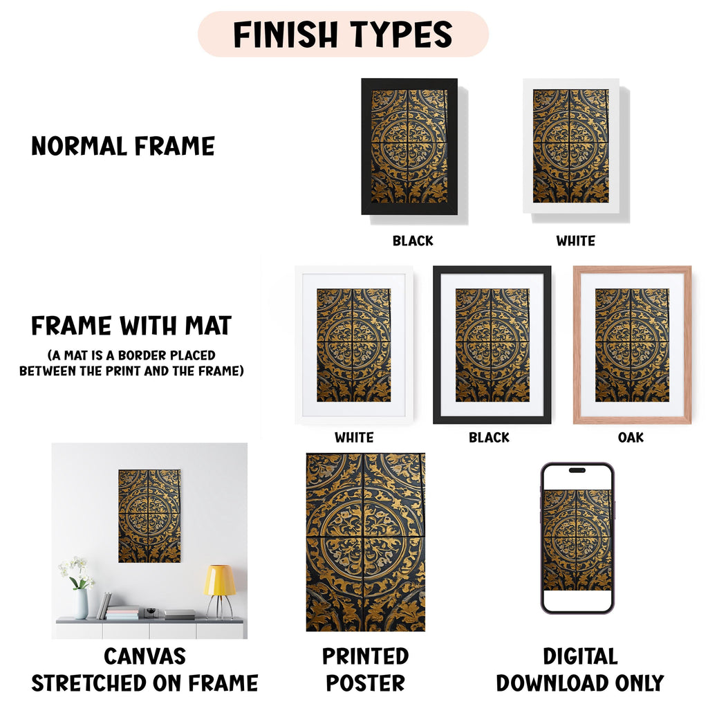 various types of artwork, including a normal frame, a frame with a mat, a white frame, a black frame, an oak frame, a white canvas stretched on a frame, a printed poster, and a digital download only.