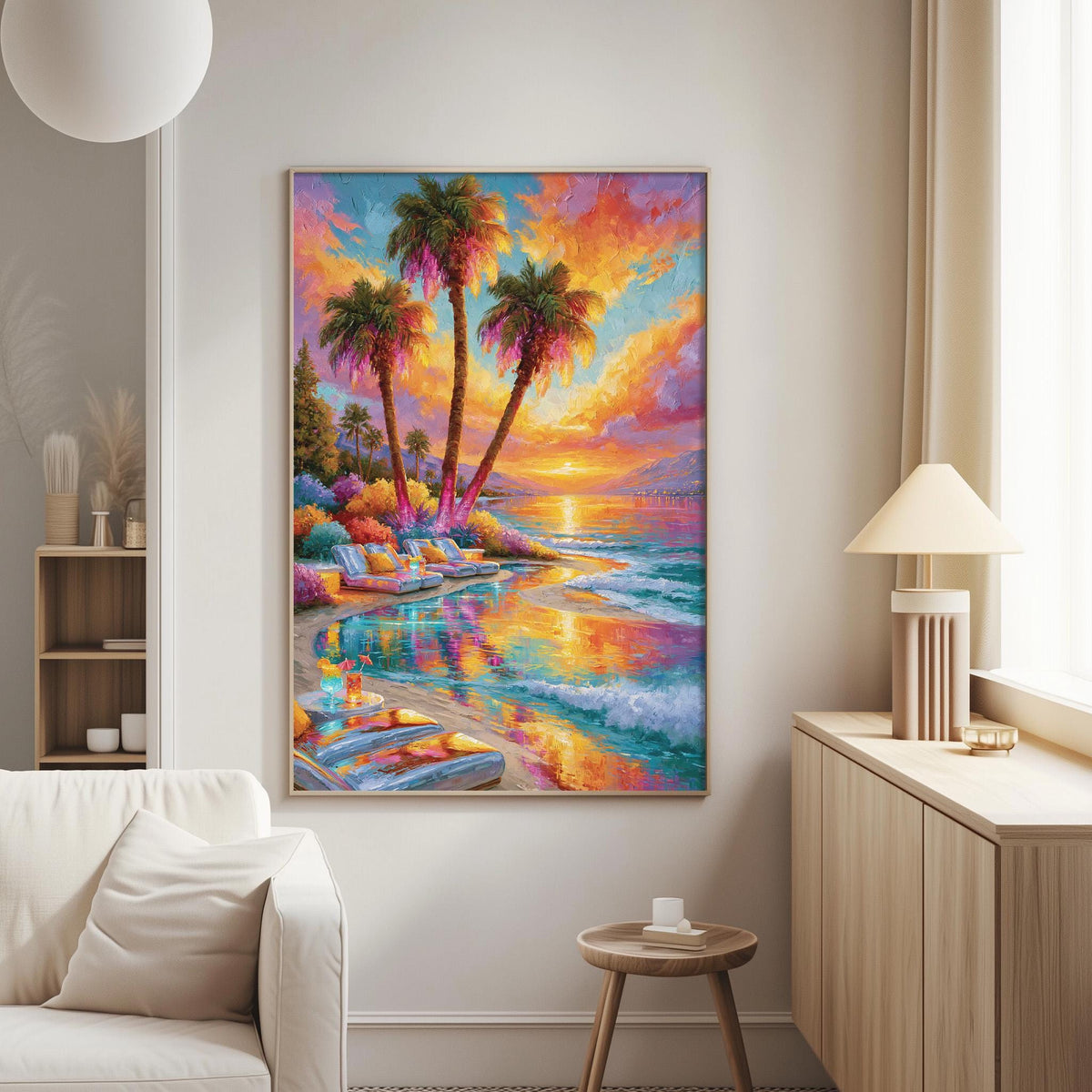 a vibrant painting of a tropical beach scene, with palm trees, colorful flowers, and a sunset over the ocean.
