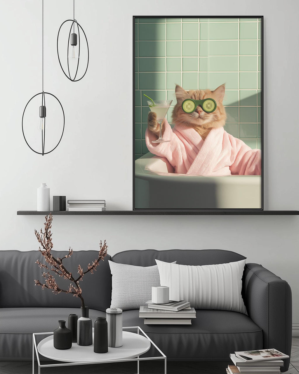 A cat wearing a pink robe and sunglasses is sitting in a bathtub, holding a drink, in a cozy living room setting with a gray couch, a coffee table, and a framed picture on the wall.