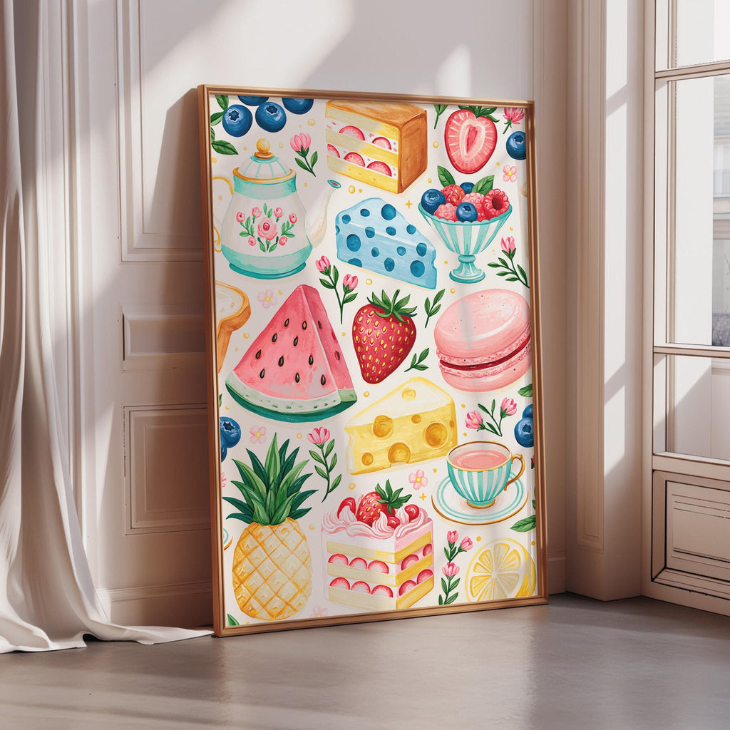 a vibrant and colorful illustration of various desserts and fruits, including a cake, watermelon, strawberries, blueberries, and a pineapple, all set against a white background.