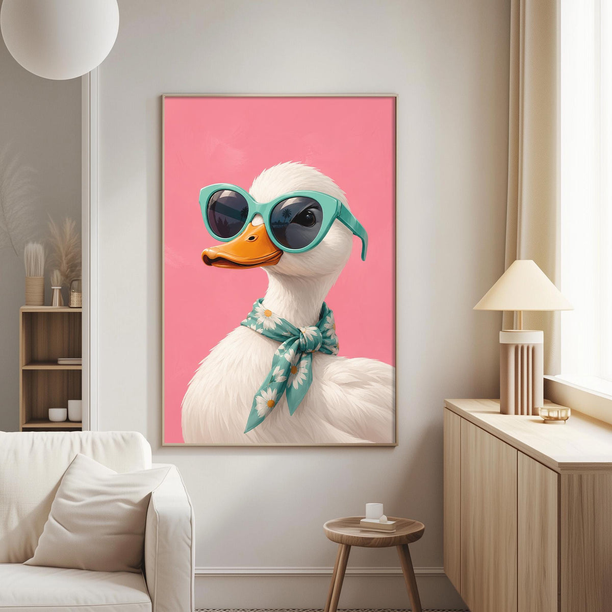 a large, colorful painting of a duck wearing sunglasses and a scarf, hanging on a wall in a living room setting.