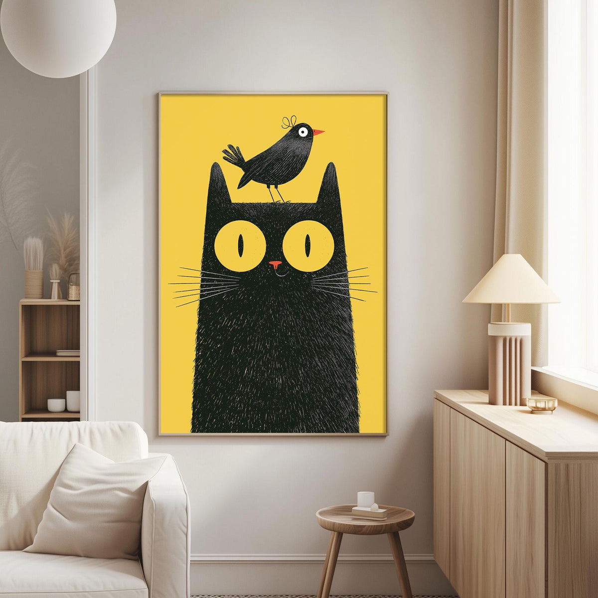 a large, colorful painting of a black cat with a yellow bird perched on its head, hanging on the wall of a living room.