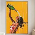 a vibrant painting of a woman in a red and white floral dress pouring champagne from a green bottle, with a yellow background.