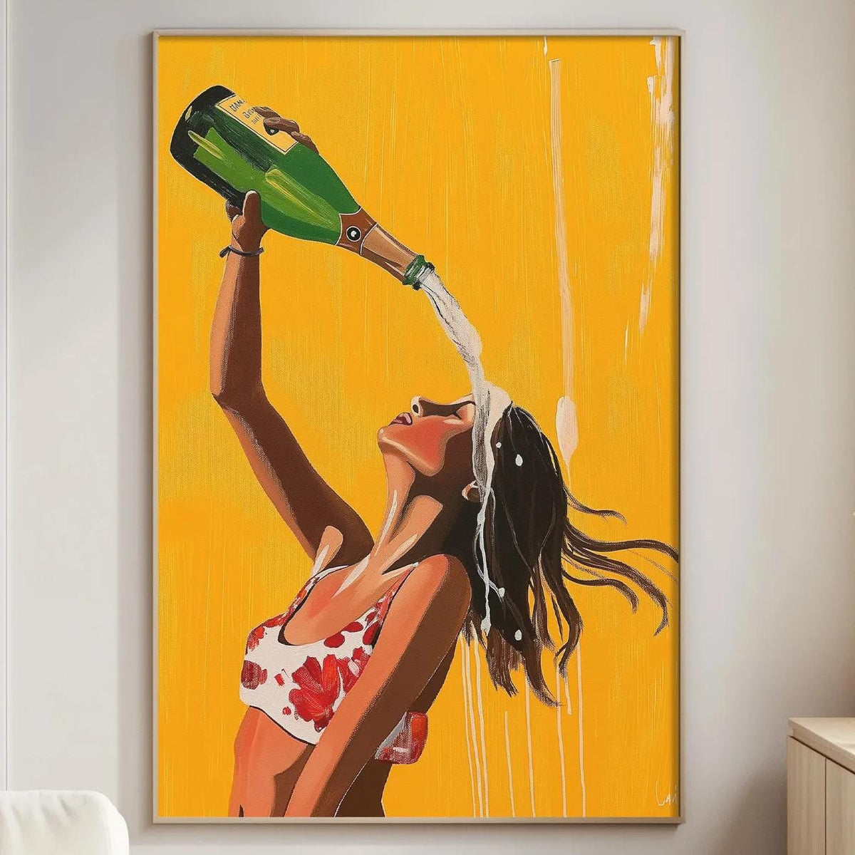 a vibrant painting of a woman in a red and white floral dress pouring champagne from a green bottle, with a yellow background.