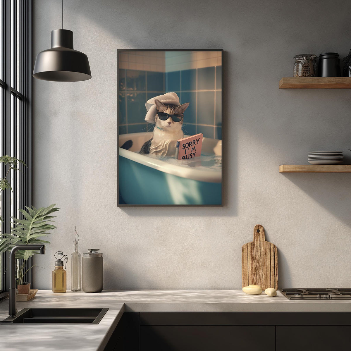 A framed image of a cat sitting in a bathtub, wearing sunglasses and holding a sign that says "I'm sorry". The cat appears to be looking out of the tub, with a kitchen counter and various kitchen items visible in the background.
