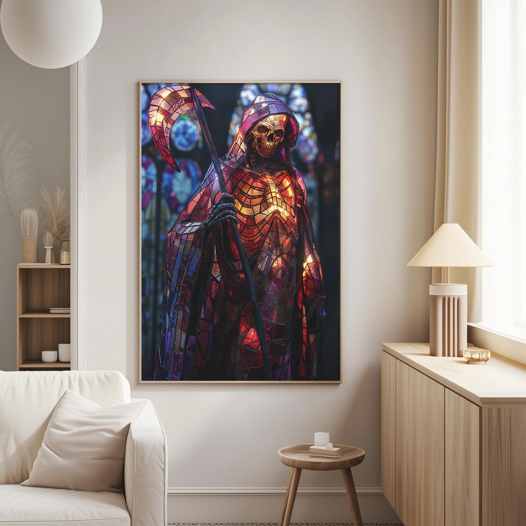 a large, colorful painting of a skeleton figure holding a staff, displayed on the wall of a living room.