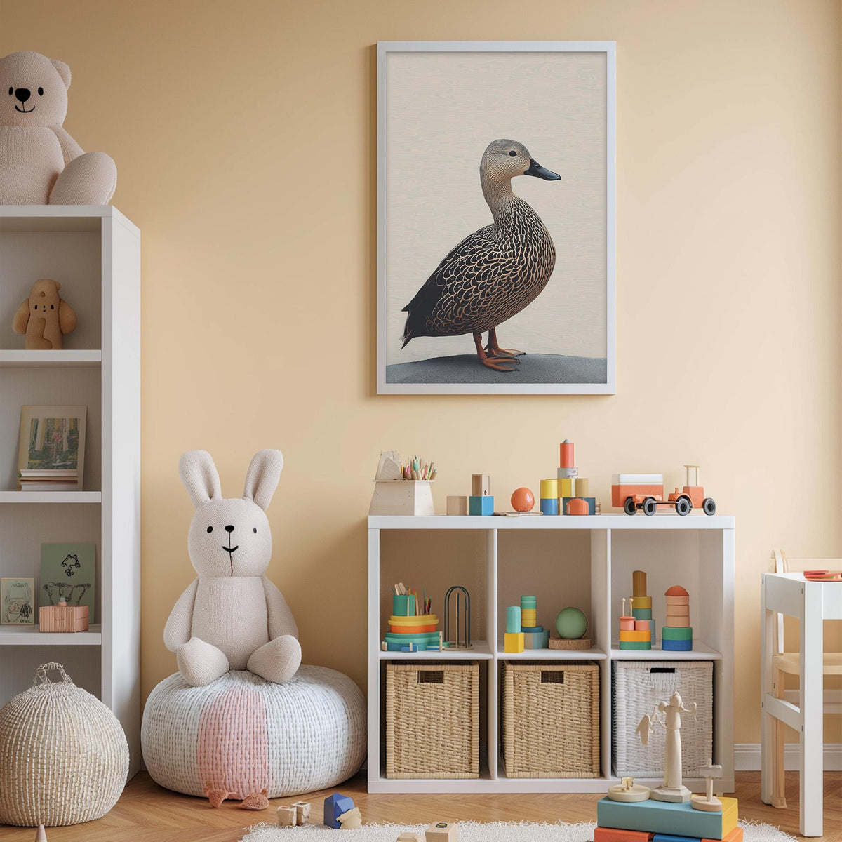 A child's bedroom with a stuffed rabbit, a stuffed duck, and a bookshelf filled with toys and books. A framed picture of a duck is hanging on the wall above the bookshelf.