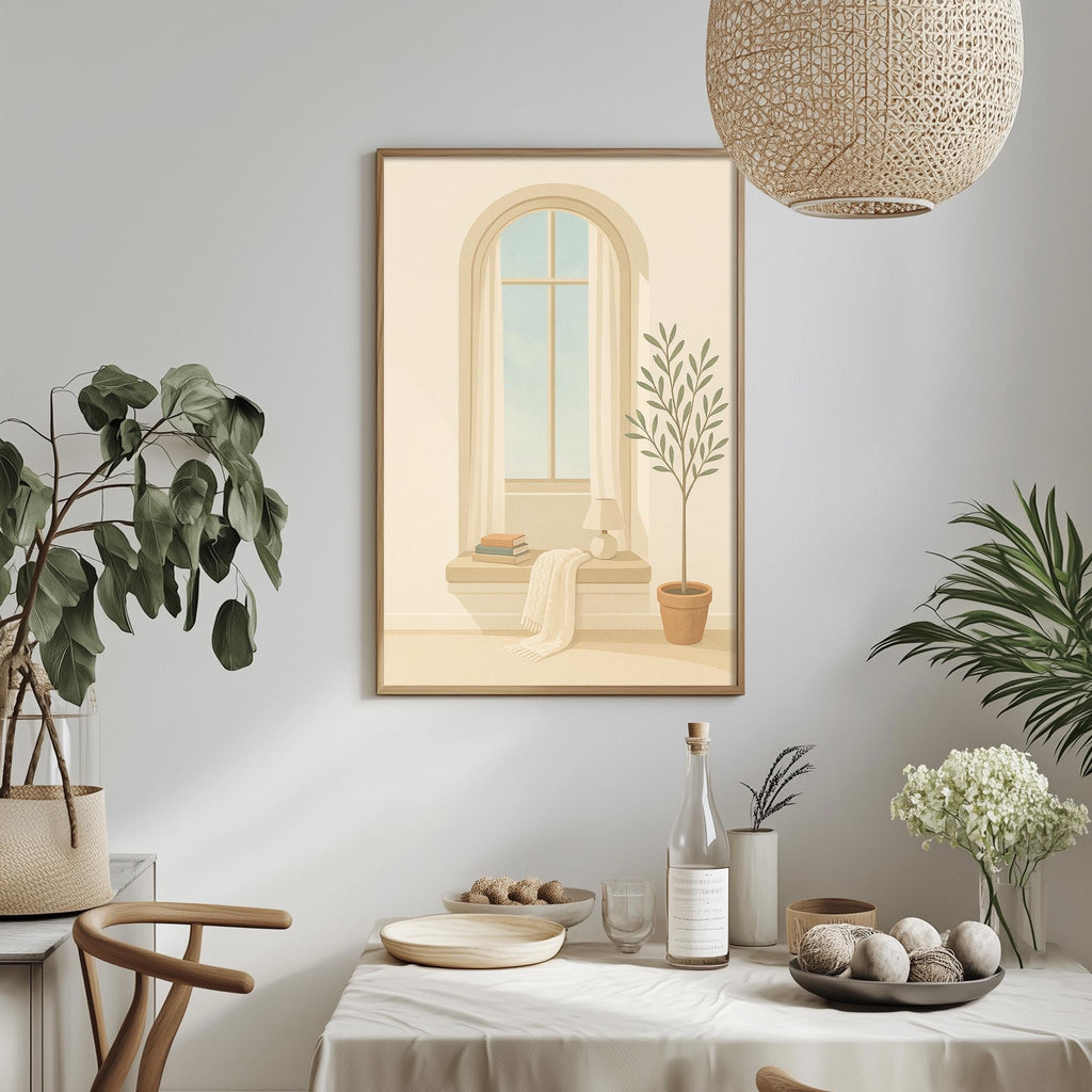 a serene and cozy dining area with a table set for a meal, featuring a potted plant, a vase of flowers, and a framed picture of a window with a plant on the sill.