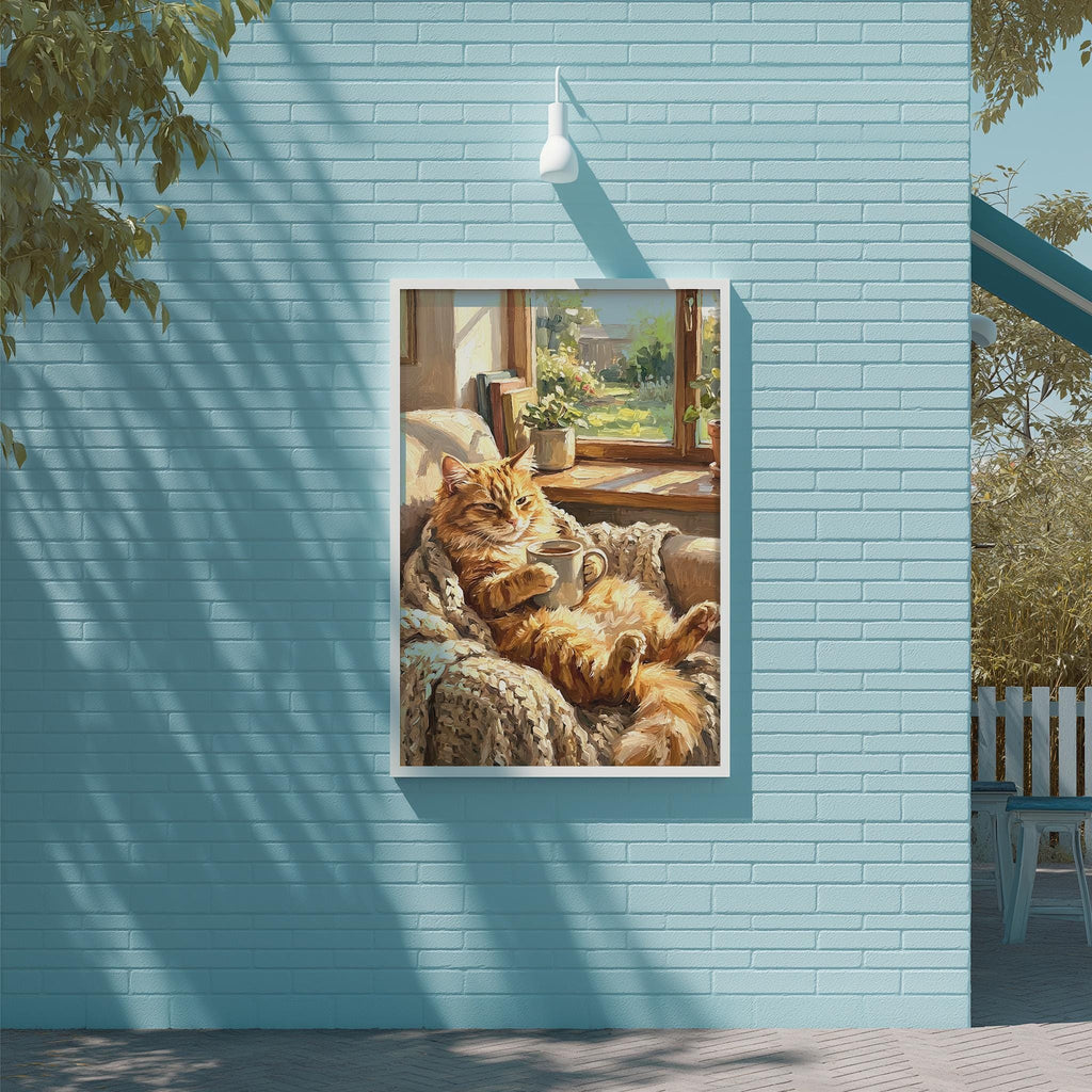 A painting of a cat lounging on a blanket is displayed on a blue wall, with a window and greenery visible in the background.