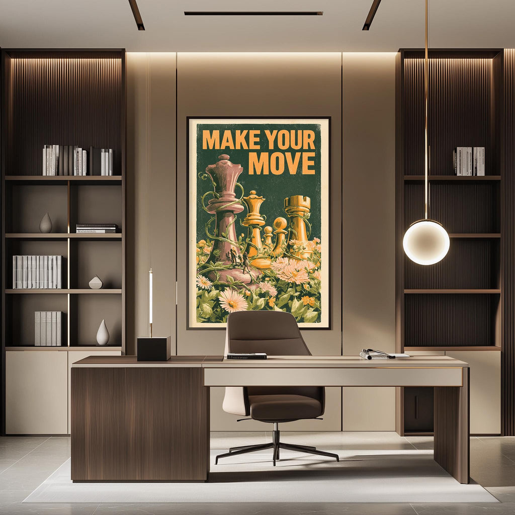 a modern office space with a large framed poster on the wall that reads "MAKE YOUR MOVE". The office has a wooden desk, a chair, and a bookshelf filled with books. The overall design and decor suggest a professional and creative environment.