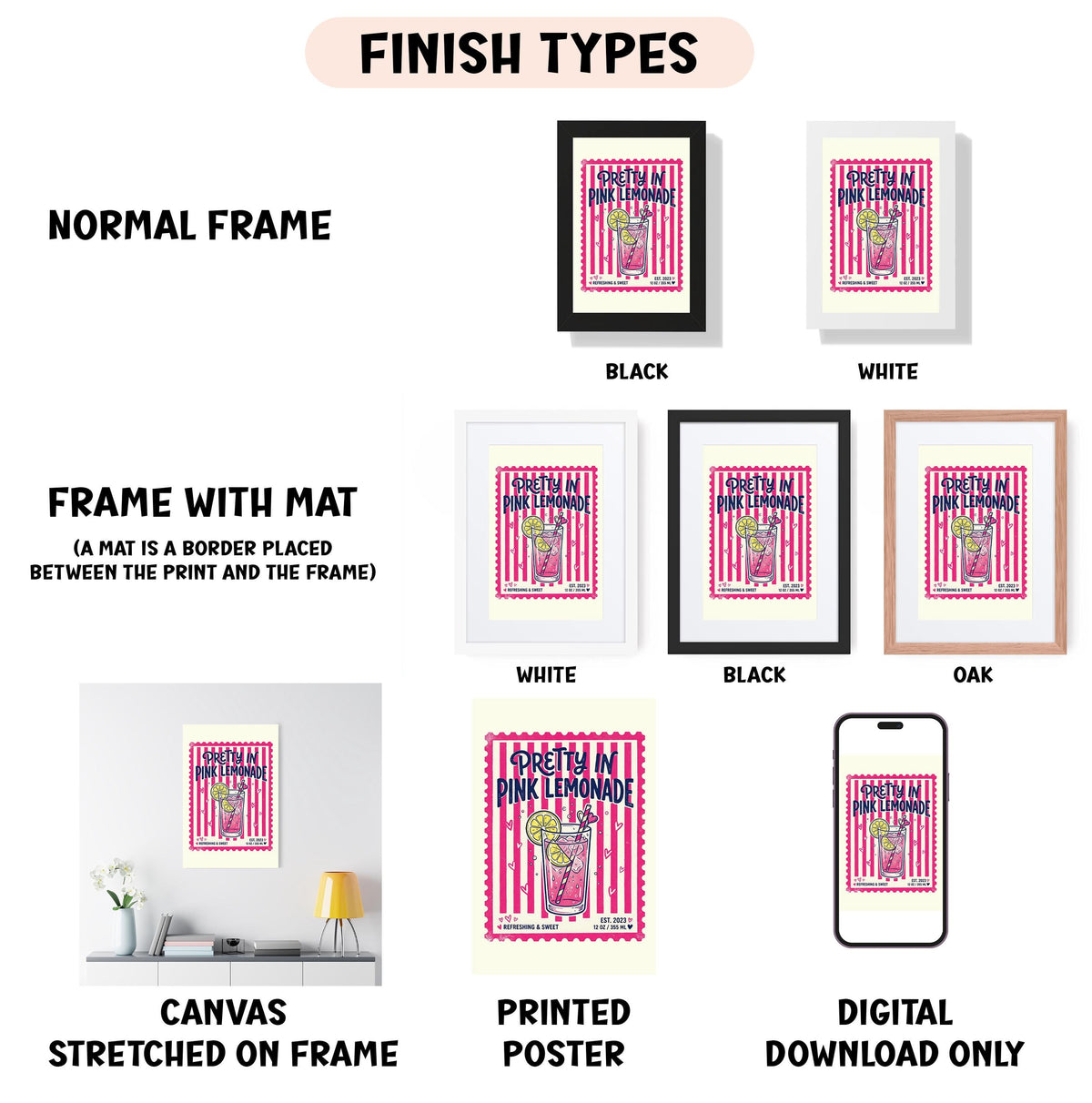 various framed prints and a canvas, each with different finish types and frame styles.