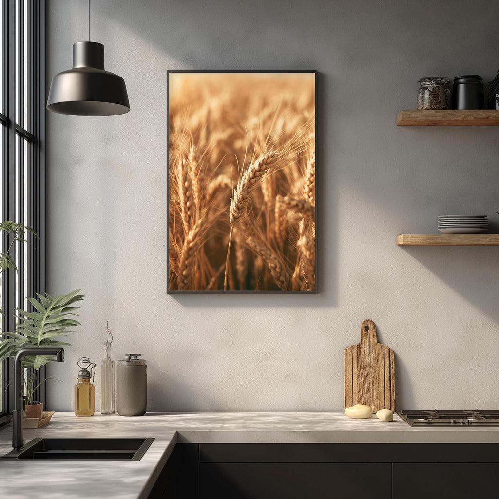 a kitchen counter with a framed picture of wheat fields hanging above it. The counter has various kitchen items, such as a cutting board, a soap dispenser, and a bottle. The overall scene has a warm and rustic feel, with the wheat field picture adding a touch of nature to the space.