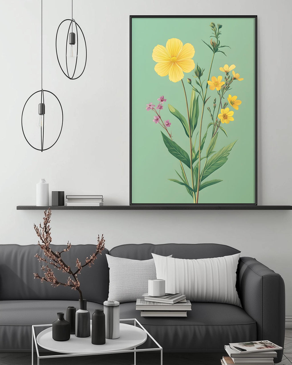 a living room with a gray sofa, a coffee table, and a large framed print of a yellow flower on the wall above the sofa.