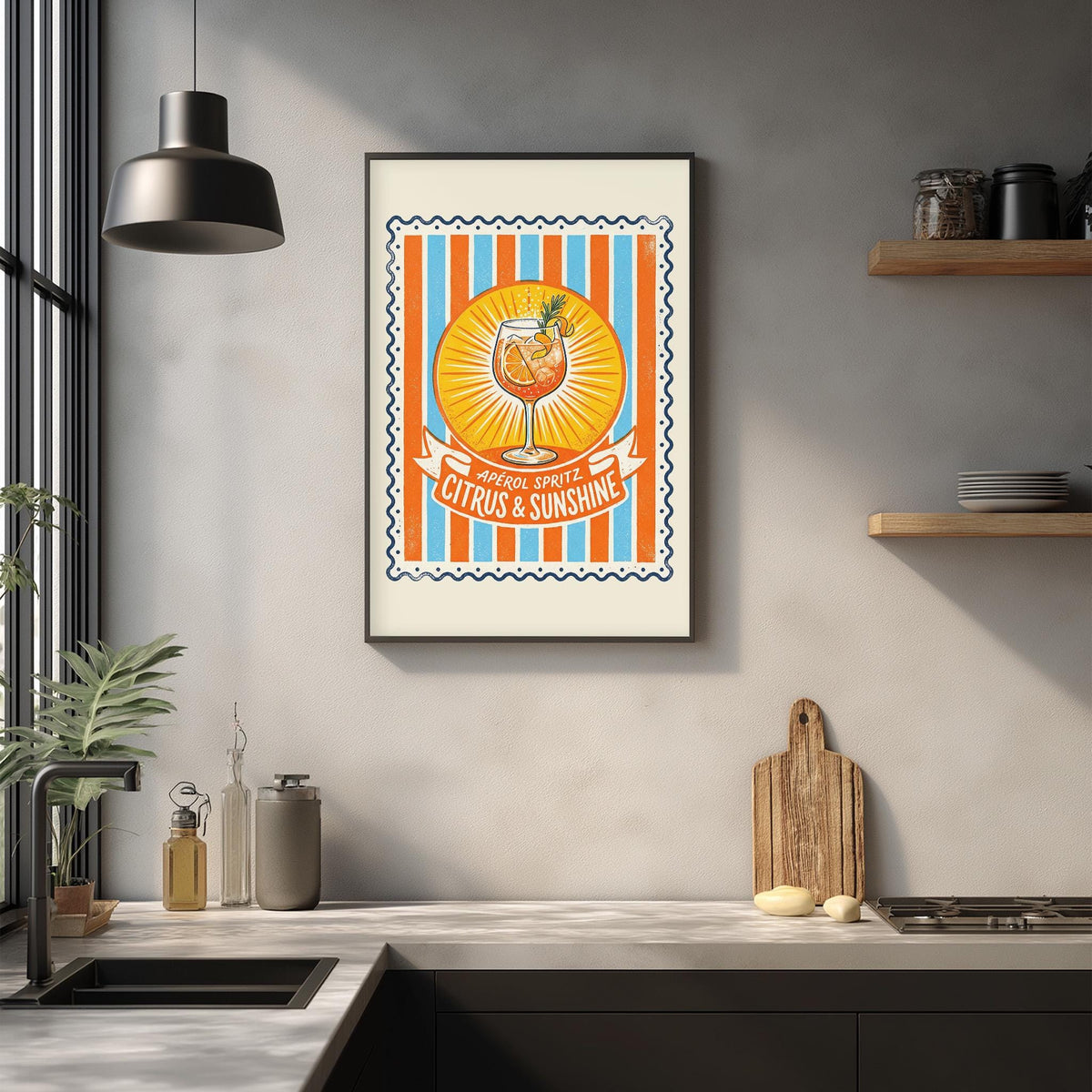 a framed poster of a vibrant, colorful illustration of a cocktail glass with a sunburst design, hanging on a wall above a kitchen counter.