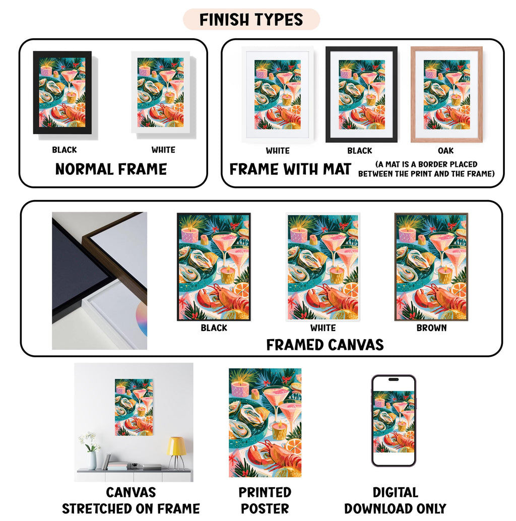 various types of artwork, including framed prints, canvas prints, and digital prints, each with different finishes and frame styles.