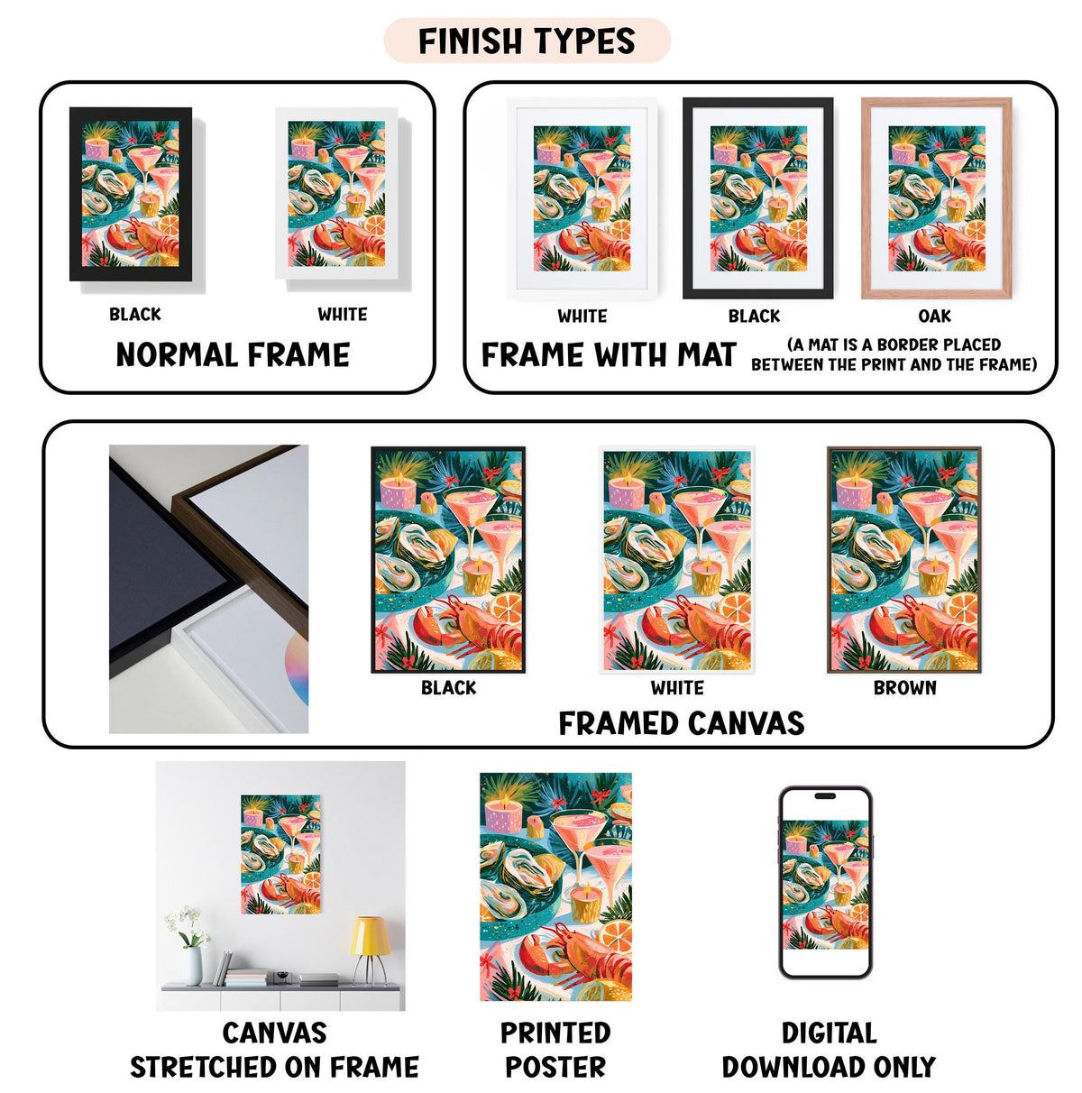 various types of artwork, including framed prints, canvas prints, and digital prints, each with different finishes and frame styles.
